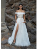 Off Shoulder Ivory Glitter Lace Slit Sexy Wedding Dress